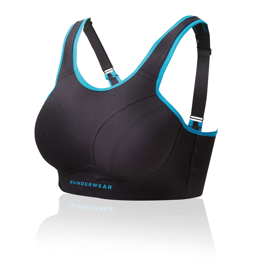 Easy-On Support Running Bra (D-H) - Black/Cyan – Runderwear AU